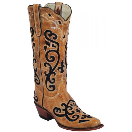 Ferrini Ladies 84161-15 Antique Saddle / Black Genuine Leather Cowgirl Boots